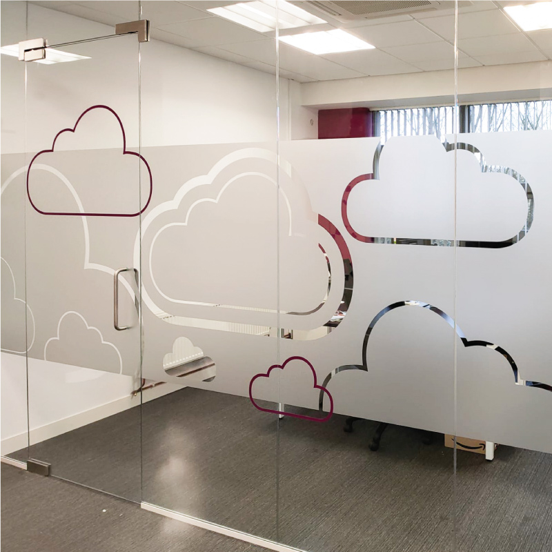 Office Glass wall with logo CAD Cut frosting featuring printed frosted clouds fitting within the custom design